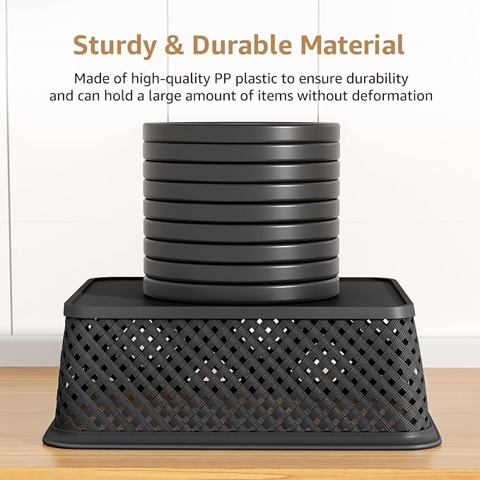 MaxGear 3 Pack Plastic Storage Baskets, Large, Black | Durable Woven Plastic with Built-In Handles, Suitable for Shelves, Closets, Cabinets, Bathrooms and Offices