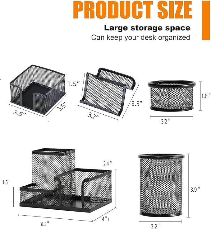 Moonlik Desk Organizers and Accessories Set, Mesh Pen Holder,Office School Home Desktop Supplies for Clip Phone Sticky Notes,Mail, Caddy Storage Baskets(Black,5 Piece Set)