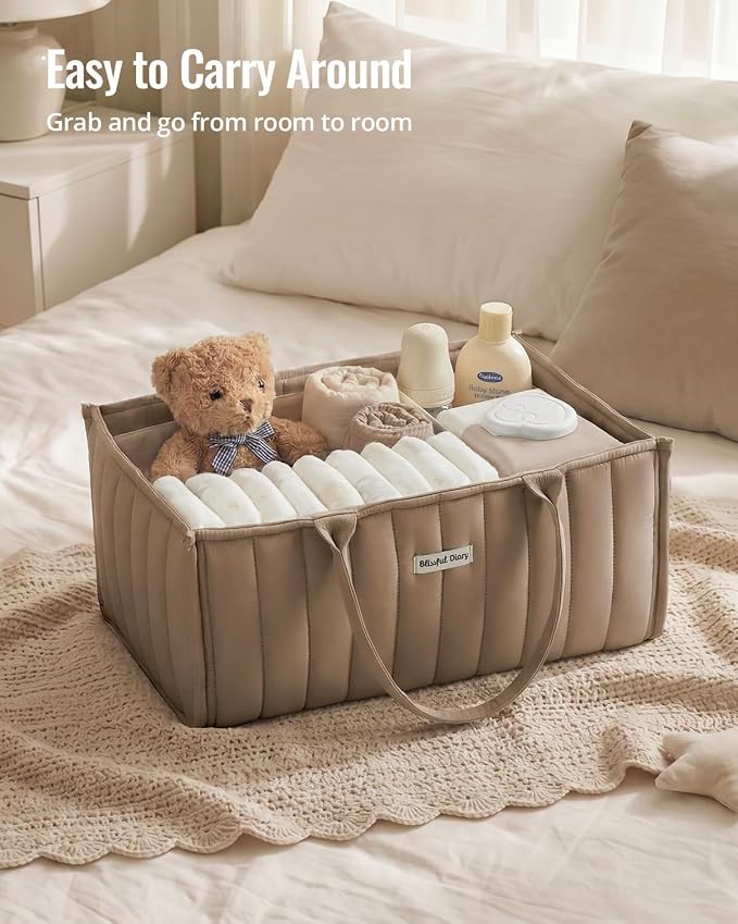Blissful Diary Baby Diaper Caddy Organizer, Stylish Storage Basket for Newborn Essentials and Diaper Station, Gift for Baby Shower and Registry Must-Have, Mocha Brown