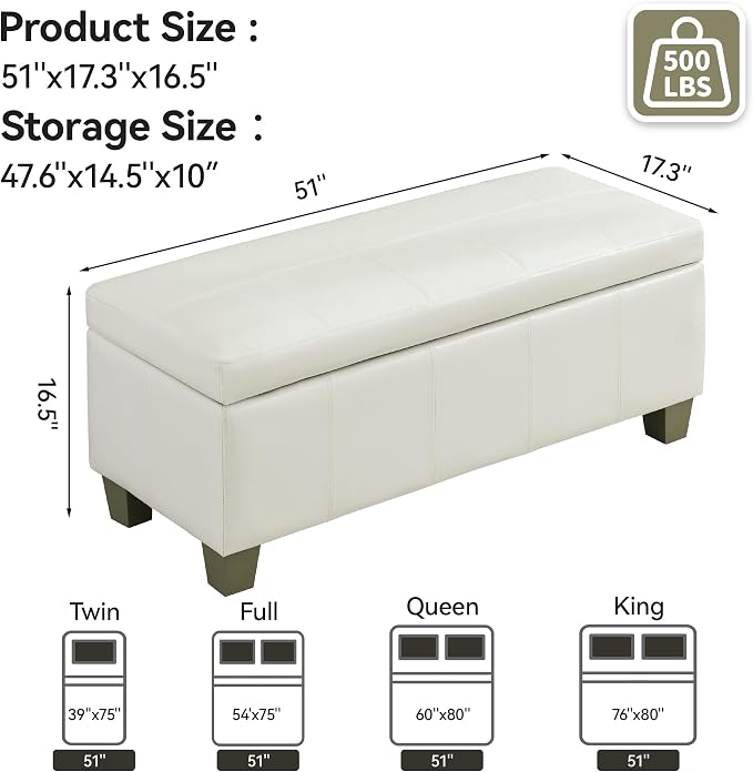 WUTUTUEE 51" Faux Leather Storage Ottoman, Stitch Tufted Rectangle Upholstered End of Bed Storage Bench, Entryway Large Couch Ottoman with Wooden Legs,White