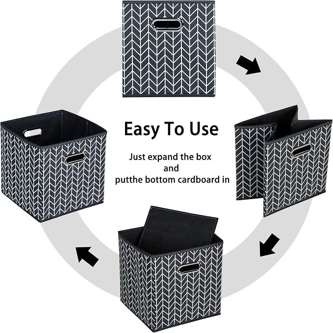 Black Foldable Storage Cubes Bins , Fabric Storage Box Cubes Organizer Baskets with Dual Handles for Home Organizer (Grey Wave)