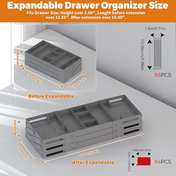 3 Tier Drawer Organizer Versatile Expandable Junk Drawer Organizer Grey | Multi-level Desk Organizer for Makeup, Jewelry, Cosmetics, Kitchen Storage, Smart Office Supply Drawer Storage for Gifts