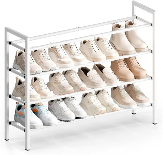 Bumusty 4 Tier Expandable Shoe Rack for Closet, White | 18"-33" Adjustable Shoe Rack for Entryway, Small Shoe Organizer for Dorm, Front Door, Sturdy Metal