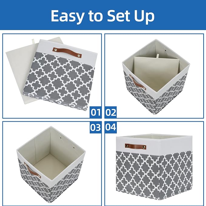 Temary Cube Storage Bins 13x13 - 4 Pack Cube Storage Bins for Shelf with Handles (Grey Lattice)