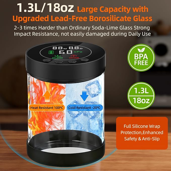 Electric Vacuum Coffee Canister, 1.3L Glass Airtight Food Storage Container | with Smart Pressure Sensor, Automatic Coffee Bean Container Rechargeable with LED Display Window for Kitchen Food Storage