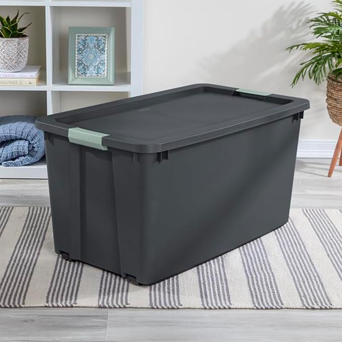 Sterilite 12 Pack 45 Gallon Wheeled Latch Tote, Stackable Plastic Storage Bin, Gray/Green