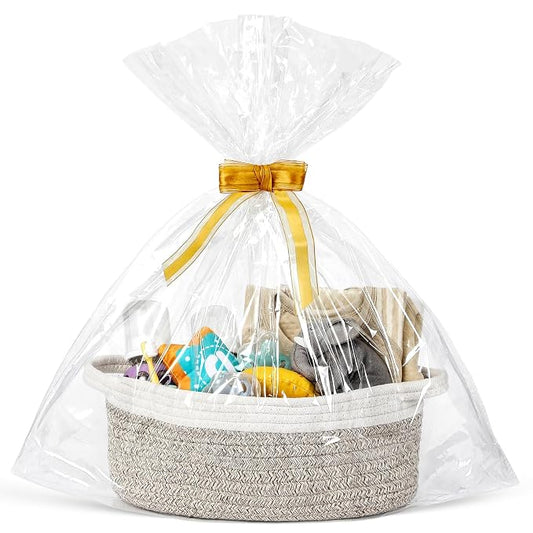 LANDNEOO Small Woven Basket with Gift Bags and Ribbons, Empty Decorative Gift Chest Box, Cute Baby Gift Basket for Nursery, Cotton Rope Room Shelf Storage Basket with Handles, 12"x 8"x 5", Brown