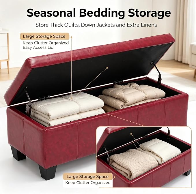 41.5 Inch Burgundy Red Faux Leather Storage Ottoman Bench Accent Furniture | 2.8 cu ft hidden storage,660 lbs weight capacity,solid wood legs,decorative piece for living room bedroom