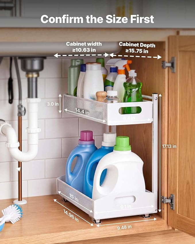 VEVOR Under Sink Organizer, 2 Pack 2-Tier Pull Out Cabinet Organizer with 4-Level Height Adjustment, Metal Slide Out Shelf, Multi-Purpose Cabinet Organizers and Storage for Bathroom & Kitchen, White