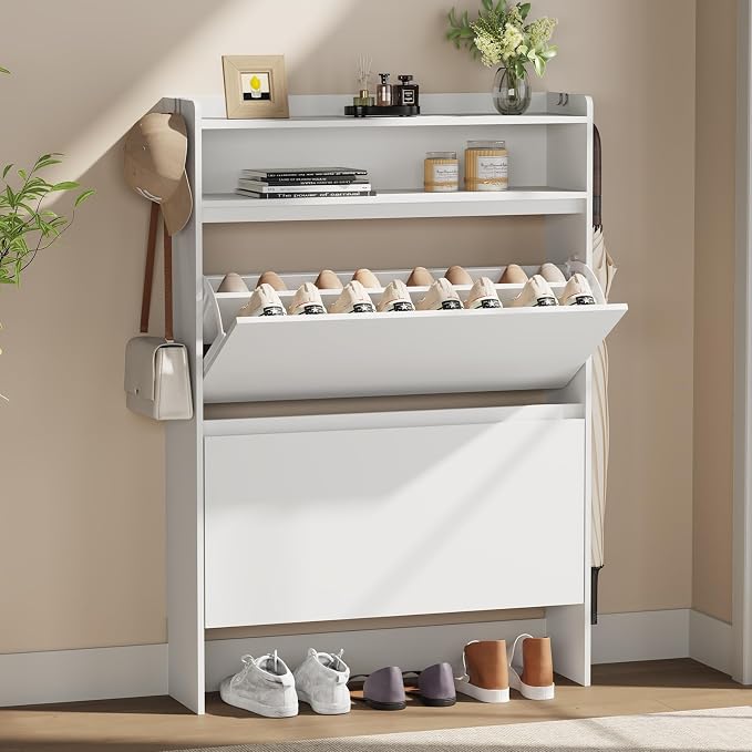 Modern Shoe Cabinet with 2 Flip Drawers & Open Storage, 31.5" W White | Freestanding shoe cabinet with flip drawers ,white design and space-saving storage for entryway,foyer & hallway.