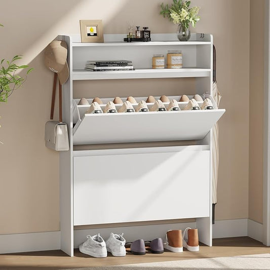 Modern Shoe Cabinet with 2 Flip Drawers & Open Storage, 31.5" W White | Freestanding shoe cabinet with flip drawers ,white design and space-saving storage for entryway,foyer & hallway.