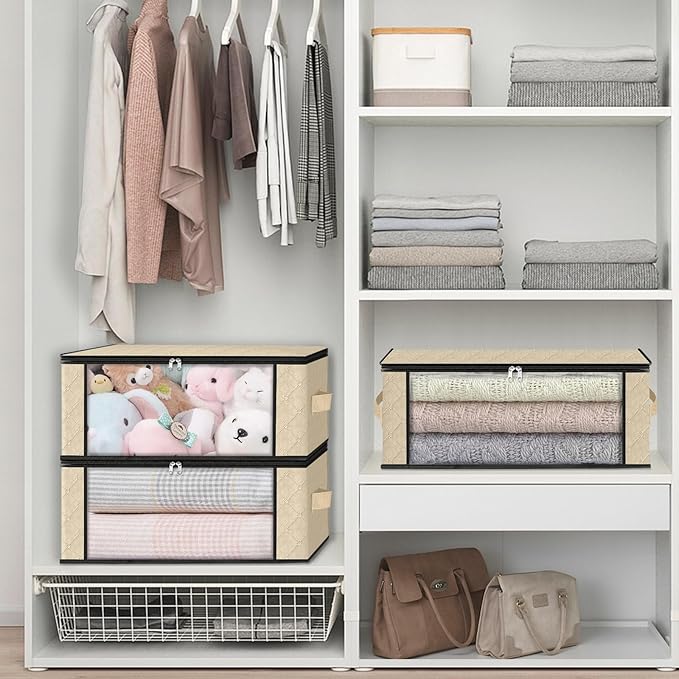 HomeHacks 8-Pack Clothes Organizer Storage Bags, 35L Storage Bins, Beige | Foldable Storage Box Container with Zippers, Clear Window, Reinforced Handles for Closet, Dorm, Pillows, Bedding, Sweater