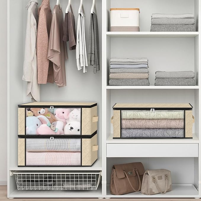 HomeHacks 6-Pack Clothes Organizer Storage Bags, 35L Storage Bins, Beige | Foldable Storage Box Container with Zippers, Clear Window, Reinforced Handles for Closet, Dorm, Pillows, Bedding, Sweater