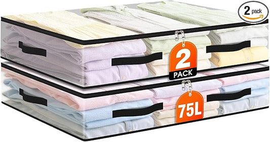 2 Pack Under Bed Storage Bags, 75L Foldable Clear Containers with Handles | Dual Zipper Storage Bins for Comforters, Bedding, Blankets, Closet Organizer for Clothes, Linen Sheets, Sweaters
