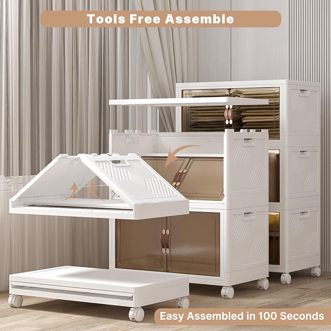 Stackable Storage Bins with Lids, 504QT Closet Organizers and Storage Cabinet with Doors & Wheels, Lockable Plastic Foldable Drawers for Bedroom Dorm Office Garage（168QT*3,White）