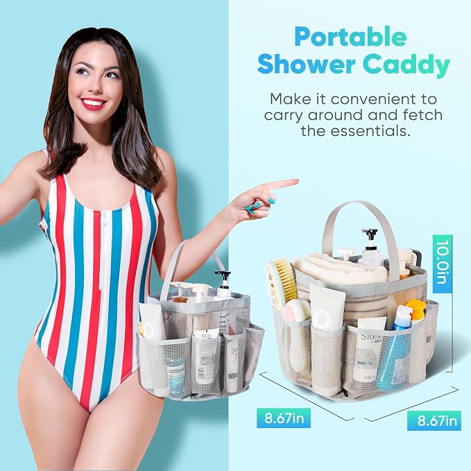 EUDELE Mesh Shower Caddy Portable for College Dorm Room Essentials,Portable Shower Caddy Dorm with 9-Pocket Large Capacity, Shower Bag for Beach, Swimming, Gym, Travel essentials, Grey