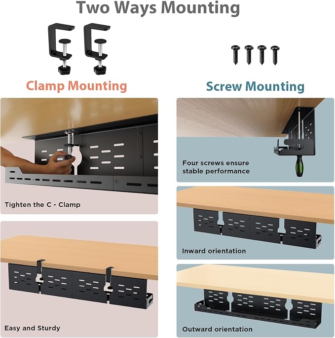 Univivi Under Desk Cable Management Tray, Cable Management, 32 inch, Black | Durable Steel Material, Under Desk Cable Tray with No-Drill C-Clamp and Screw Mount, Wire Management for Office/Home