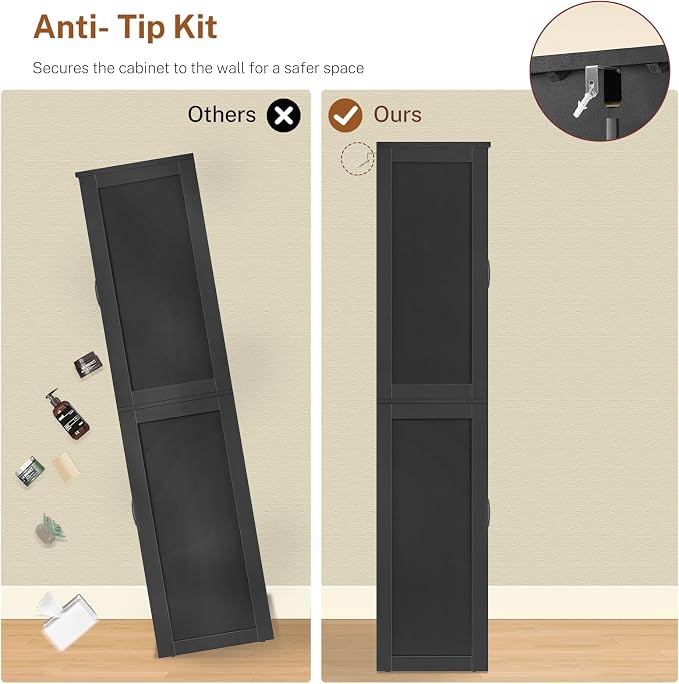 58" H Storage Cabinet with Adjustable Shelf, Kitchen Cabinet with 4 Doors, Farmhouse Pantry Cabinets, Cupboard for Kitchen, Bathroom, Living Room, Black
