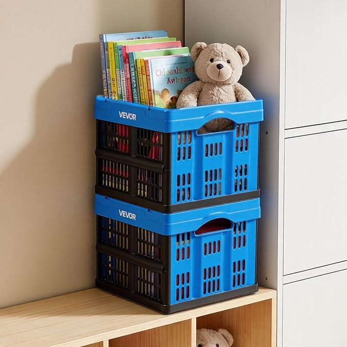 VEVOR Plastic Collapsible Storage Bins, 25L 3 Packs, Stackable Folding Storage Crates with Handles, Holds 22 lbs Per Bin, Foldable Heavy Duty Containers, Space-Saving Baskets, for Home Organizing