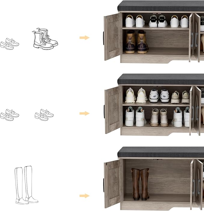 HOMSHO Farmhouse Shoe Storage Bench with 4 Barn Doors & Padded Seat Cushion | 47.2" Wide Entryway Bench with Adjustable Shelves & Hidden Storage, Greige