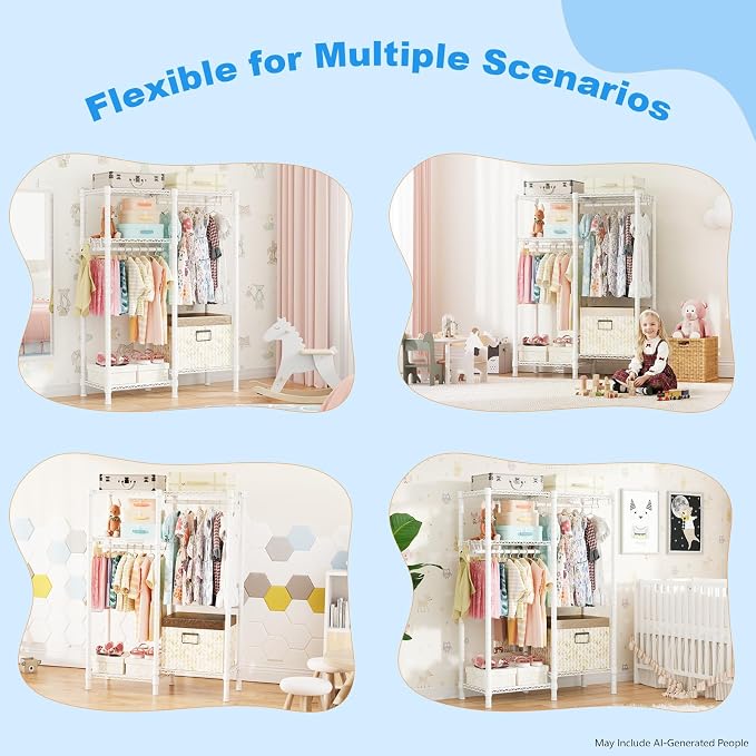F1 Garment Rack for Kids, 4 Tiers Closet System Hold 410lbs, White | Clothing Rack for Baby and Children's Room, Small Freestanding Clothes Racks with 2 Hanger Rods, 31.2"W x 11.8"D x 48"H