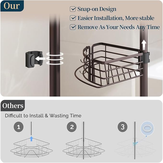 Consumest Corner Shower Caddy Tension Pole - Rustproof Shower Shelves with Towel Bar & Soap Holder, Adjustable Bath Organizer for Bathroom Storage, 27.6-108.3 inch, Bronze