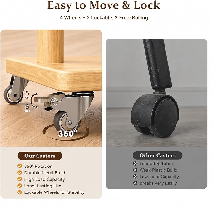 Taitiy Solid Wood Coat Rack Small Freestanding with Wheels 2 Shelves | Small spaces, solid rubberwood construction, 2 shelves and 5 hooks, ideal for bedrooms, entryways, apartments and homes