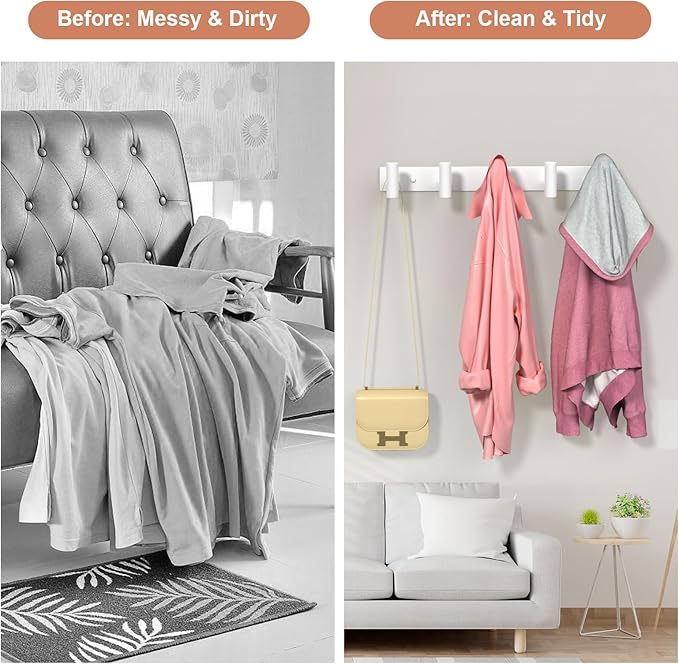 PMMASTO Stainless Steel Coat Rack Wall Mounted, Heavy Duty Metal Hook Rail for Hanging Coats Hats Towels Robes Bags, Modern Wall Hooks Organizer (White, 5 "T Hooks, 2PACK)