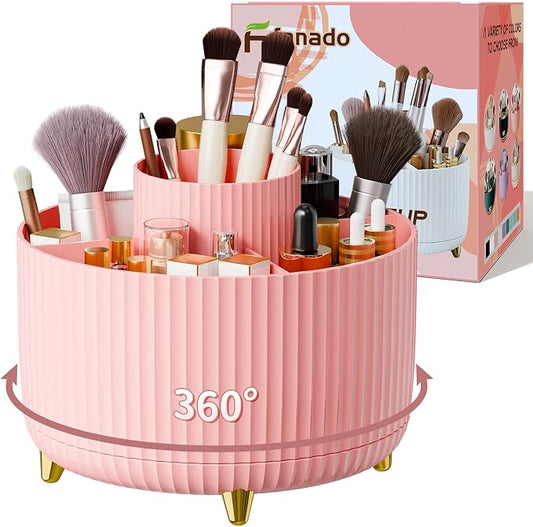 fanado 360° Rotate Makeup Brush Holder Organizer, Makeup Organizers Countertop, Makeup organization and Skincare Storage for Vanity, Desktop, Bathroom (Pink)