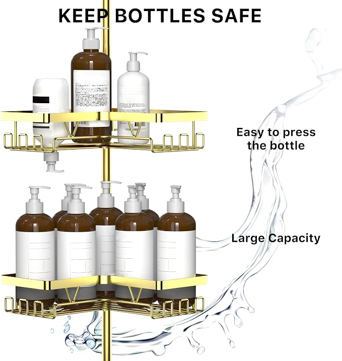 KEGII Corner Shower Caddy Tension Pole, Bathroom Storage Rack, Gold | Stainless Steel 4-Tier Shower Shelf with Hooks and Soap Holder, Waterproof Rustproof Organizer for Renters and Families