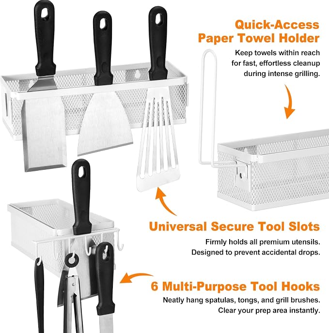 Griddle Caddy Side Shelf Organizer Grill Tool Holder (White) | Steel Grill Tool Holder with Paper Towel Rack No-Drill Outdoor Cooking Accessories Storage for Flat Top Grills & BBQ Stations