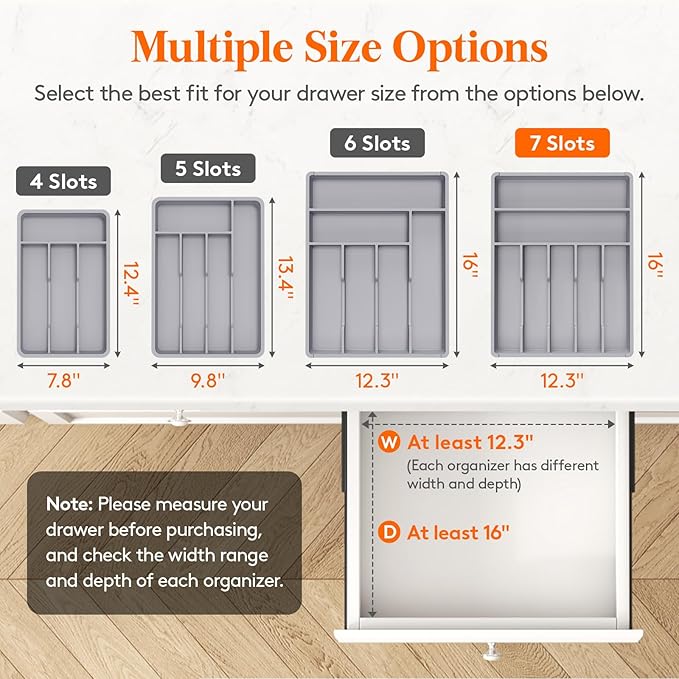 Lifewit Silverware Drawer Organizer Tray, Plastic Cutlery Storage for Kitchen, Flatware and Utensil Holder Divider for Spoons Forks Knives Tableware, 12.3 x 16", 7 Slots, Gray