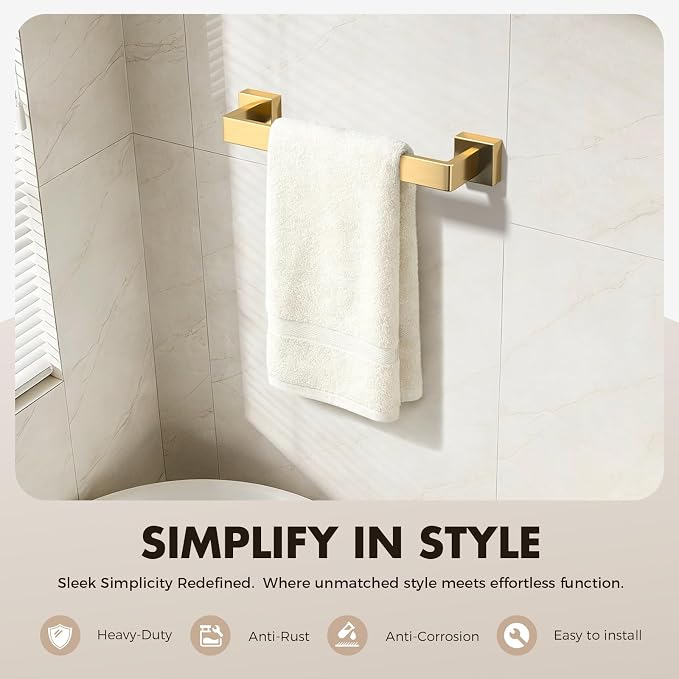 5-Pieces Gold Bathroom Accessories Set, 16 Inch Towel Bar Set | Stainless Steel, Towel Ring, Toilet Paper Holder, Robe Hooks, Towel Racks for Bathroom Wall Mounted, Bathroom Hardware Set
