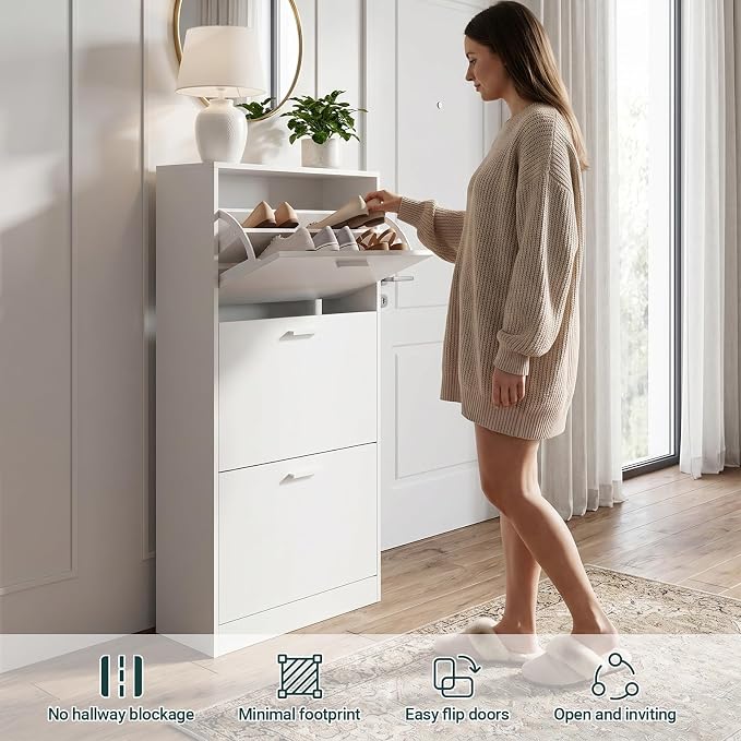Shoe Cabinet with 3 Flip Drawers, Hidden Slim Freestanding Shoe Storage Cabinet, Narrow Freestanding Shoe Organizer for Entryway,Hallway, Living Room, White