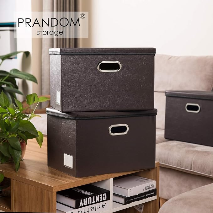 PRANDOM Foldable Storage Bins with Lids [5-Pack] Leather Fabric Collapsible Storage Boxes Organizer Containers Baskets Cube with Cover for Bedroom Closet Office Nursery Brown 14.9x10.8x10