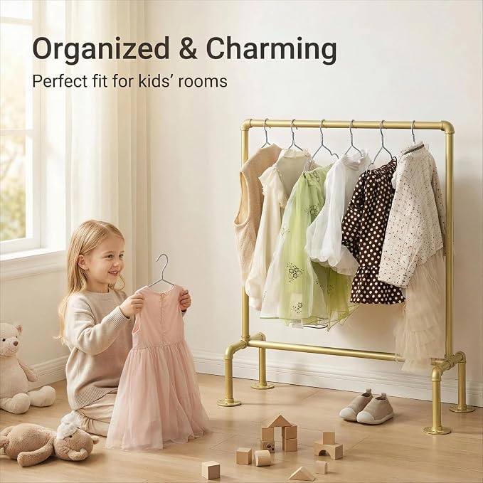 Kids Pipes Dress up Clothing Rack, Kids Clothes Rack, Child Garment Rack | Heavy Duty Hanging Clothes Rod, Toddler Clothing Rack, Baby Clothes Organizer, Girls Storage Wardrobe Organizers, Gold Metal