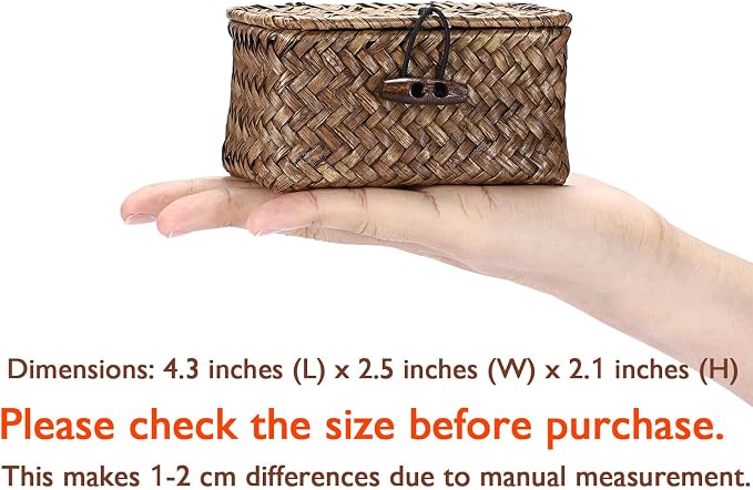 Mini Wicker Basket with Lid, Seagrass Organizer, 4.3"x2.5"x2.1" | Small Wicker Storage Basket Natural Decorative Box for Shelf, Bathroom, Home Decor