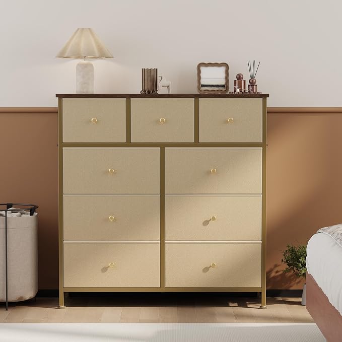 OLIXIS 9 Drawer Tall Dresser for Bedroom, Closet Organizers and Storage | Fabric Dresser with Wooden Top, Chest of Drawers for Clothes Storage, Tower Cabinet, Furniture, TV Stand, Khaki