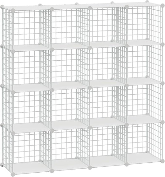 HUBSON Wire Cube Storage Organizer, Book/Toy/Craft/Potted Plants and Pet Closet Organizers, 16-Cube Freely Combinable Metal Grid Storage Shelves, White Plus Iron