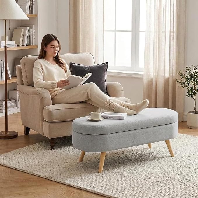 43.5” Storage Ottoman Bench，Upholstered Oval End of Bed Bench for Bedroom | Modern Linen Ottoman with Storage, Entryway Foot Rest with Wooden Legs, Lift-Top Lid with Safety Hinge, Living Room, Grey