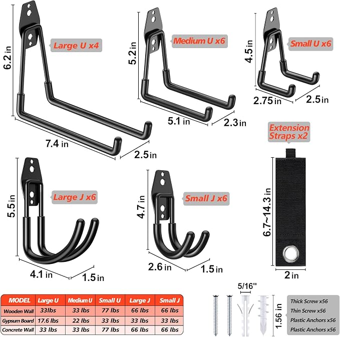 MKRUI 30-Pack Garage Hooks for Storage & Hanging Items, Save Space | Hangs Bikes, Ladders, Ropes, Hoses, Tools; for Garage, Warehouse, Shop, Shed, Yard