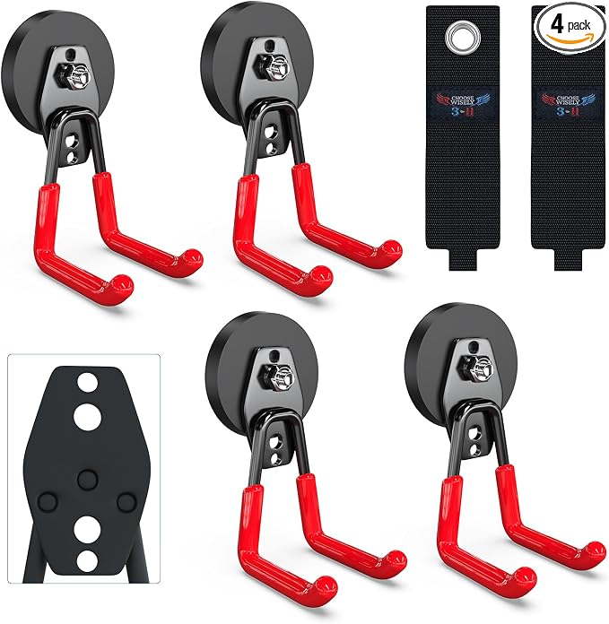 3-H Heavy Duty Magnetic Hooks, Large Magnet Hooks,4 Pack Red | No-Drill Tool Holder for Garage,Power Drill,Garden Tools,Hose Storage