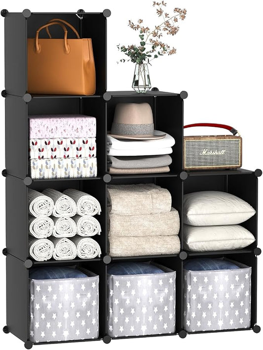 C&AHOME Cube Storage Organizer, 9-Cube Bookcase, Closet Cabinet Black | DIY Stackable Bookshelf, Plastic Modular Shelving Units Ideal for Home, Office, Kids Room, 36.6" L x 12.4" W x 48.4" H
