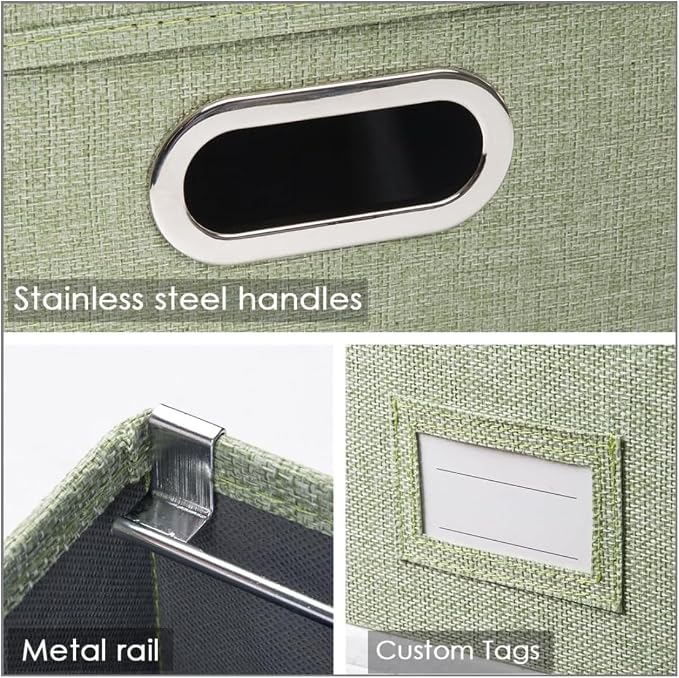 File Organizer Box - Set of 4 Collapsible Decorative Linen Filing Storage Hanging File Folders with Lids Office Cabinet Letter/Legal Size Green 17.1x14x11.1 inch