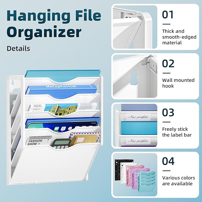 Marbrasse 5 Tier Wall File Organizer, Plastic Hanging File Holder for Mail, Magazines Paper Organizer Wall Mounted for Office Home (White)