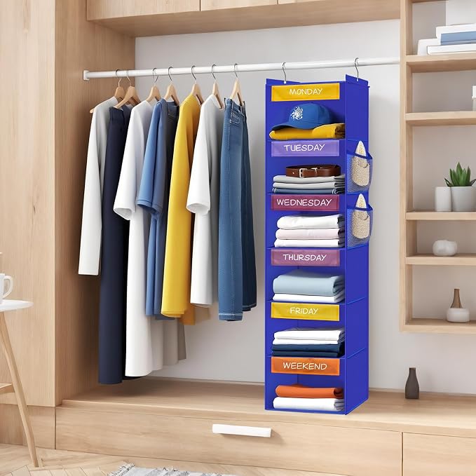Weekly Clothes Organizer for Kids, 6-Shelf Hanging Closet Organizer with Colorful Labels, Space Saving Design with 2 Pockets, Daily Hanging Closet Shelves for Kids Room Storage, Blue