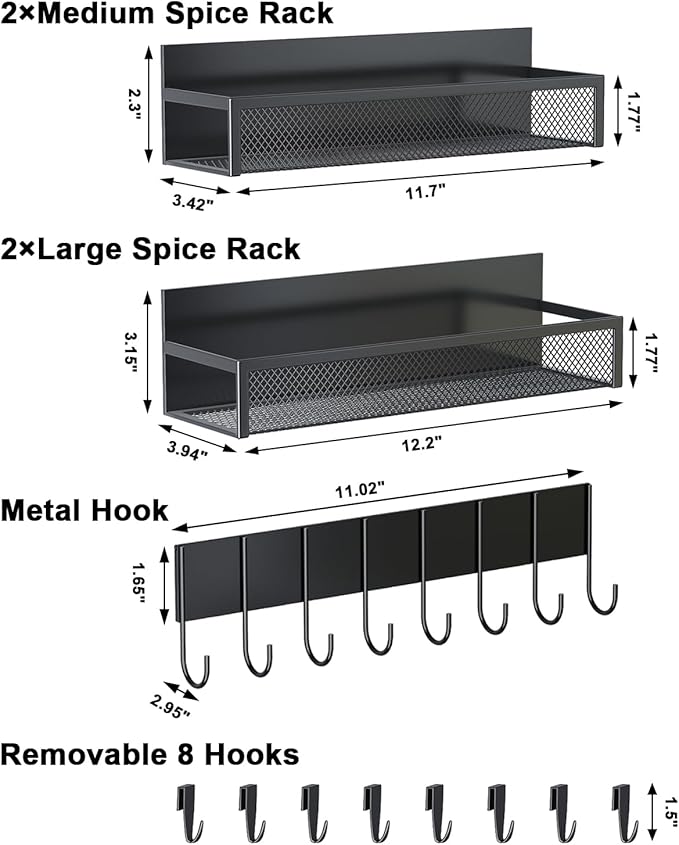 Aufworld Magnetic Spice Rack for Refrigerator, 5 Pack Magnetic Shelf, Moveable Magnetic Fridge Organizer with an 8-Hook Rack, Seasoning Organizer for Kitchen Organization (Extra with 8 Hooks)