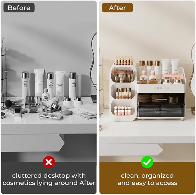 UFORU Makeup Organizer Countertop with Brush Holder for Vanity Bathroom | Large Capacity, Thickened Plastic, 2 Clear Drawers, Compact Size, Detachable Brush Holder, Divided Compartments, Easy Access