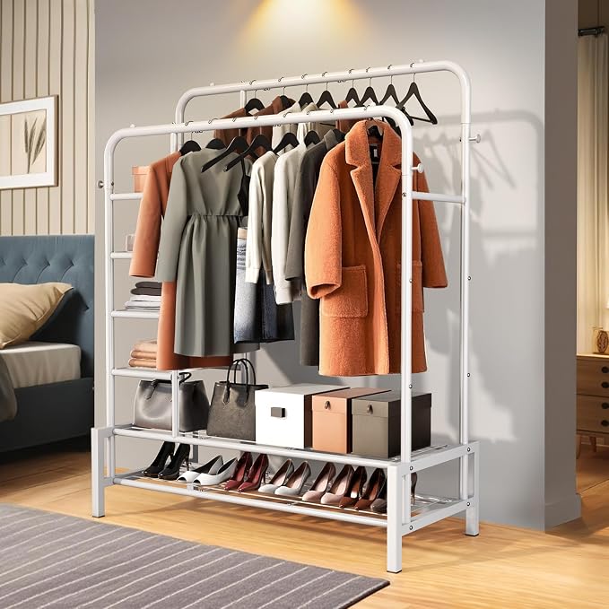 Clothes Rack with Shelves, Double Rods Clothing Rack for Bedroom, White | Metal Garment Rack for Hanging Clothes, 2 Bottom Shelves & 4 Side Shelves, 220 LBS Clothes Racks for Laundry Room, Dorm Room