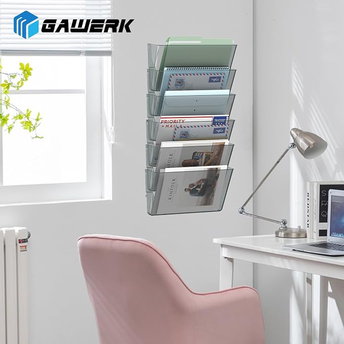 Gawerk Clear Acrylic Single Pocket, Plastic Hanging Wall Mount File Holder for Office Home (Gray, 4 Pack)